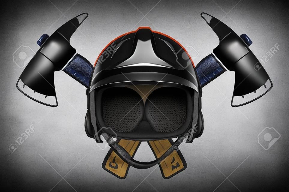 Helm mit Achsen. Schutz eines Feuerwehrmannes. Kleidung für Feuerwehrmann.