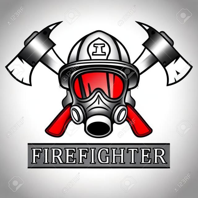 Пожарный. Эмблема, значок, логотип. Огонь. Маска пожарного и две оси. Монохромные векторные иллюстрации.
