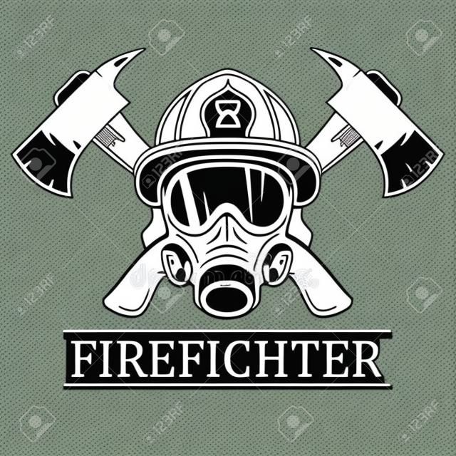 Feuerwehrmann. Emblem, Symbol, Logo. Feuer. Maskenfeuerwehrmann und zwei Achsen. Monochrome Vektor-Illustration.