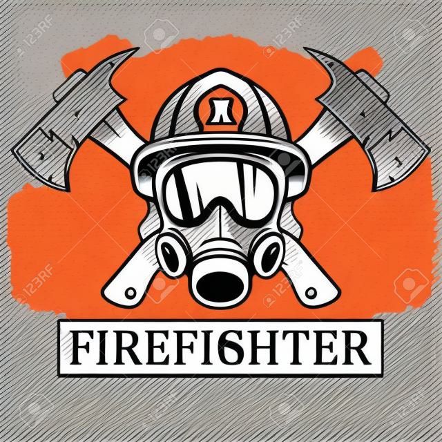 Пожарный. Эмблема, значок, логотип. Огонь. Маска пожарного и две оси. Монохромные векторные иллюстрации.