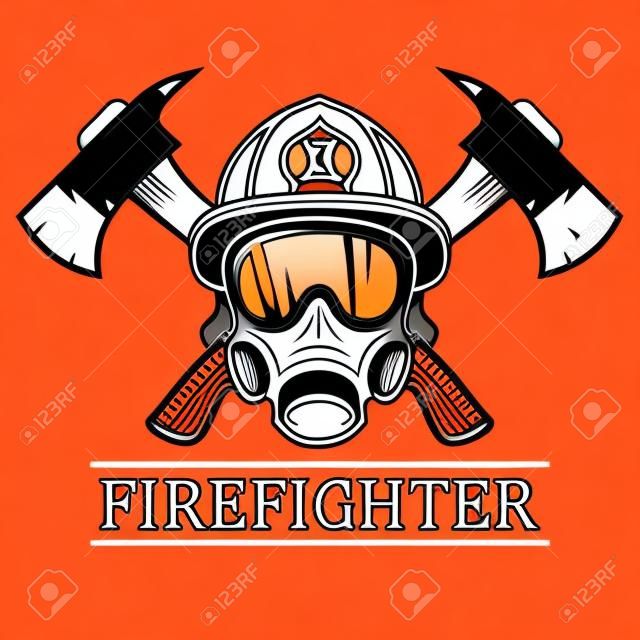 Pompier. Emblème, icône, logo. Feu. Masque pompier et deux axes. Illustration vectorielle monochrome.