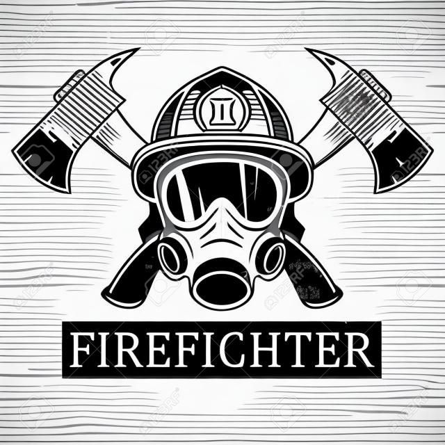 消防士。エンブレム、アイコン、ロゴ。火。マスクの消防士、2 つの軸。モノクロのベクター イラストです。