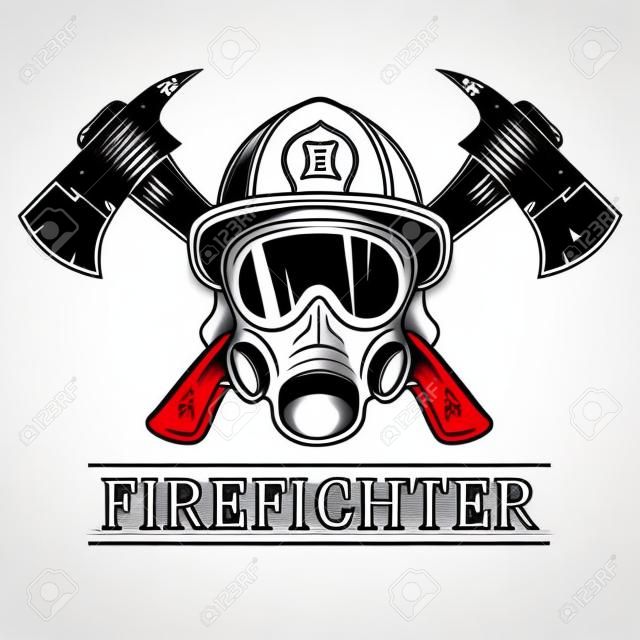 Strażak. Godło, ikona, logo. Ogień. Mask strażak i dwie osie. Ilustracji wektorowych monochromatycznych.