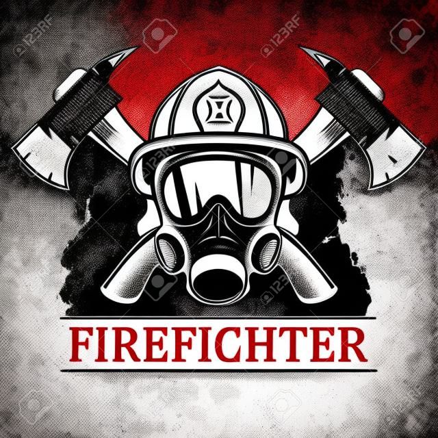 Strażak. Godło, ikona, logo. Ogień. Mask strażak i dwie osie. Ilustracji wektorowych monochromatycznych.