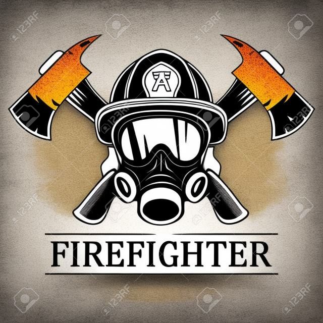 消防队员。会徽，图标，徽标。火。面具消防员和两个轴。单色矢量图。
