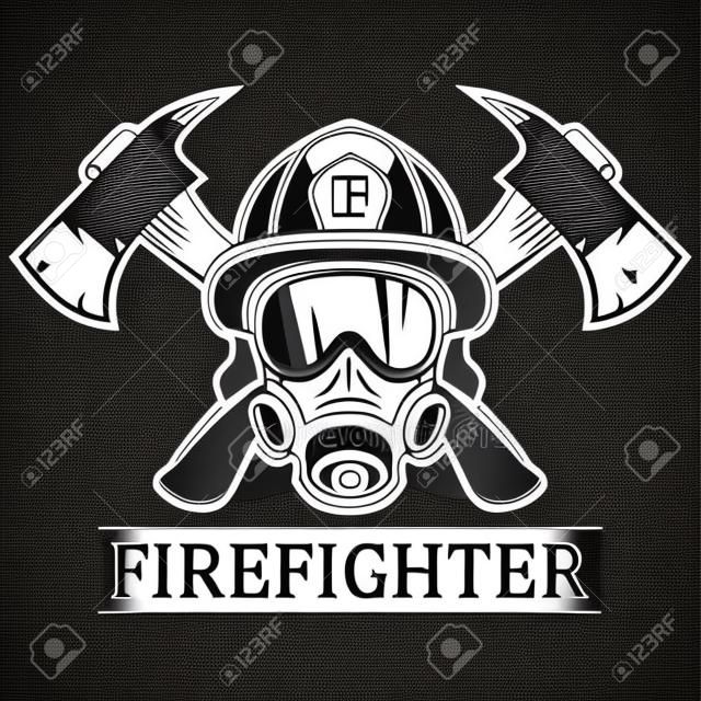 Firefighter. Emblem, icon, logo. Fire. Mask firefighter and two axes. Monochrome vector illustration.