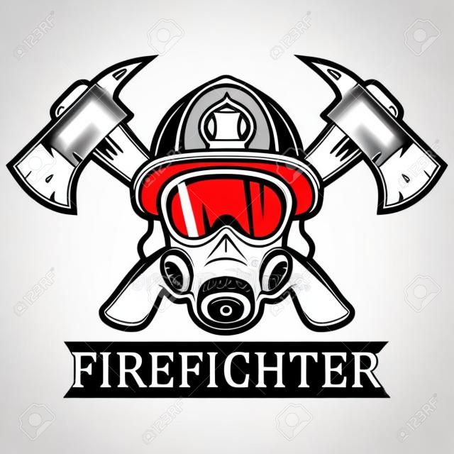 Brandweerman. Emblem, pictogram, logo. Vuur. Masker brandweerman en twee assen. Monochrome vector illustratie.