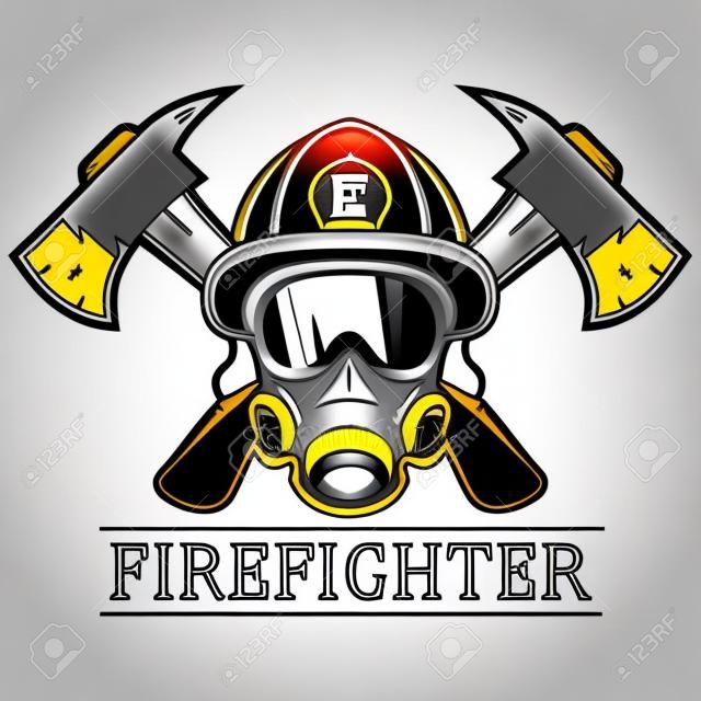 消防士。エンブレム、アイコン、ロゴ。火。マスクの消防士、2 つの軸。モノクロのベクター イラストです。