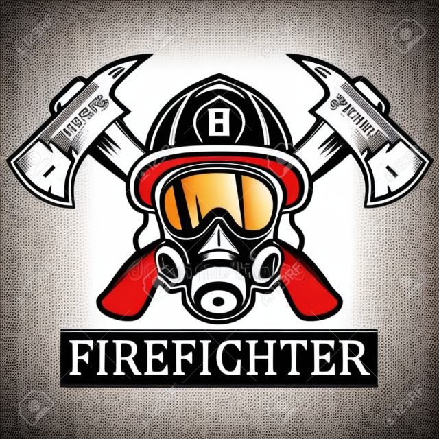 Bombero. Emblema, icono, logotipo. Fuego. Máscara de bombero y dos ejes. Monocromo ilustración vectorial.