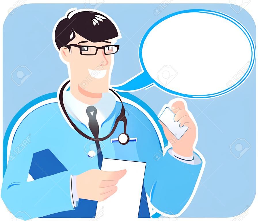 Design template with smiley doctor in light-blue coat with stethoscope and medical card