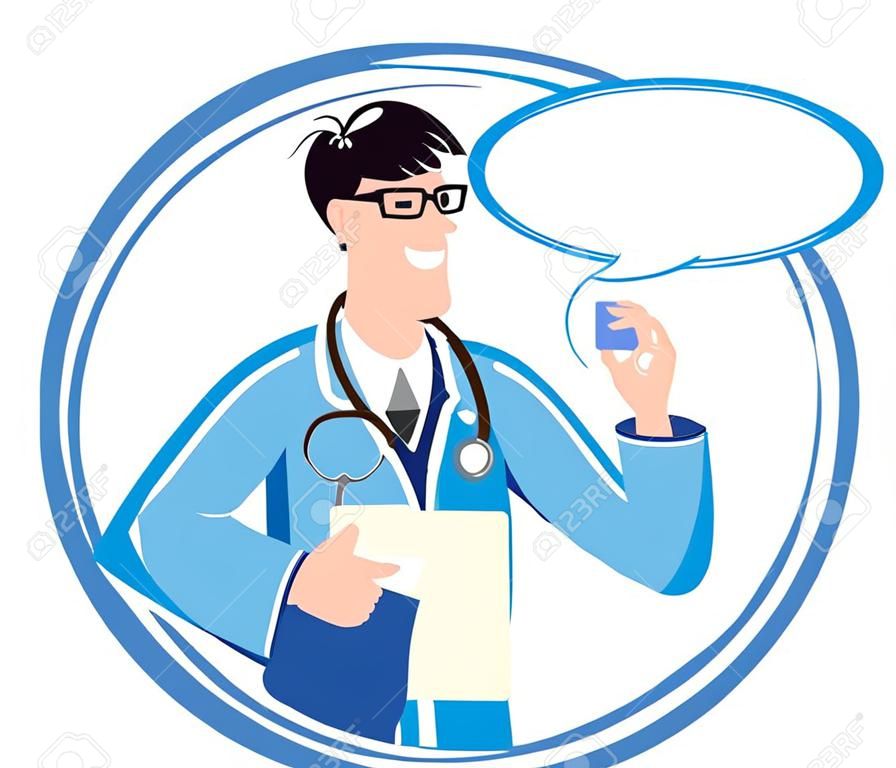 Design template con il medico di smiley in cappotto azzurro con stetoscopio e tessera sanitaria