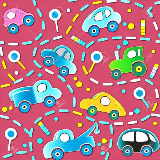 Seamless vector background of small funny vector cars and signs with dashed lines like road, for packin paper, diaper or wallpaper in children room.