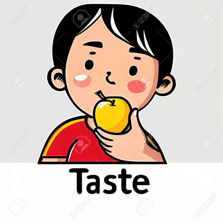Iconos de uno de los cinco sentidos - gusto. ilustración de vector de los niños del muchacho en camiseta roja que come una manzana