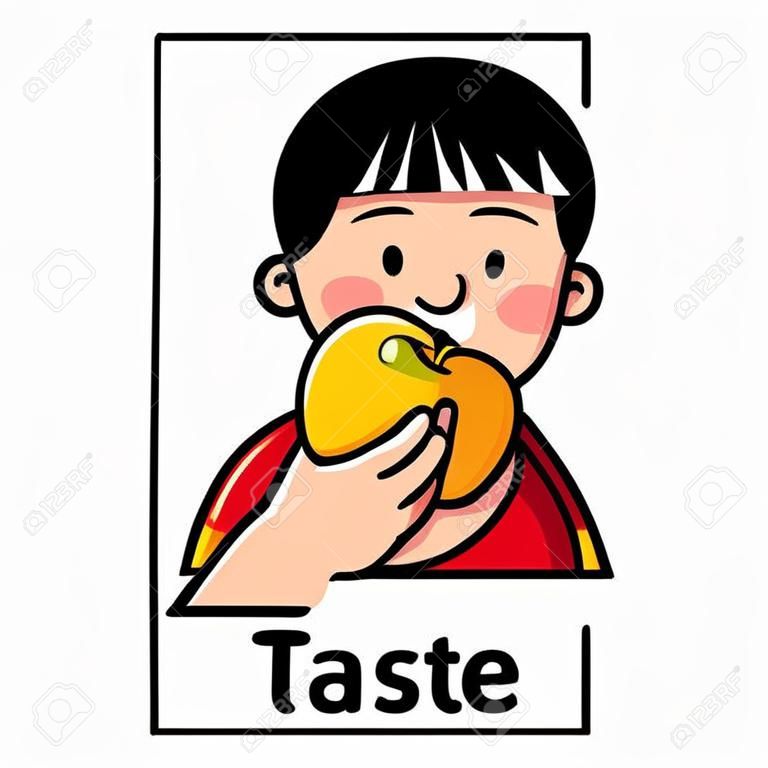 味の五感の 1 つのアイコン。子供ベクトル赤い t シャツを着た少年のイラスト リンゴを食べる人