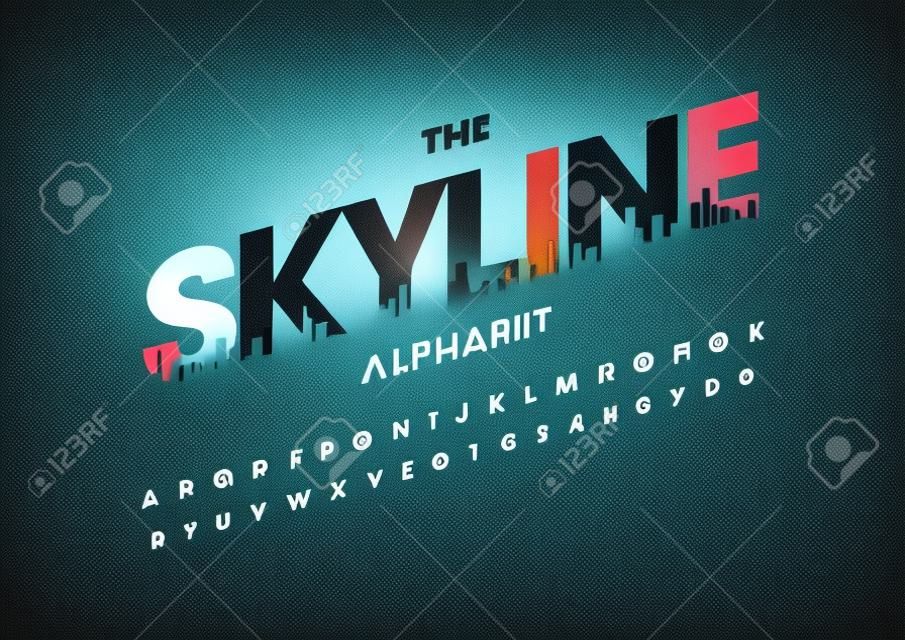 Vector of modern skyline font and alphabet