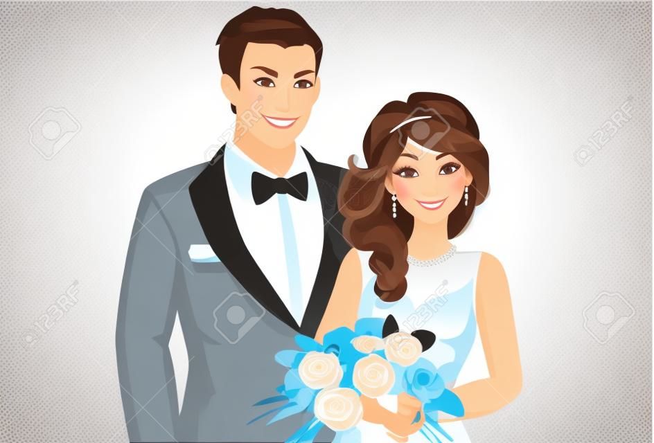 Vector illustration of beautiful wedding couple, bride and groom in standing position with bouquet