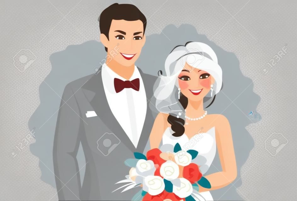꽃다발을 들고 서 있는 위치에 있는 아름다운 웨딩 커플, 신부 및 신랑의 벡터 그림
