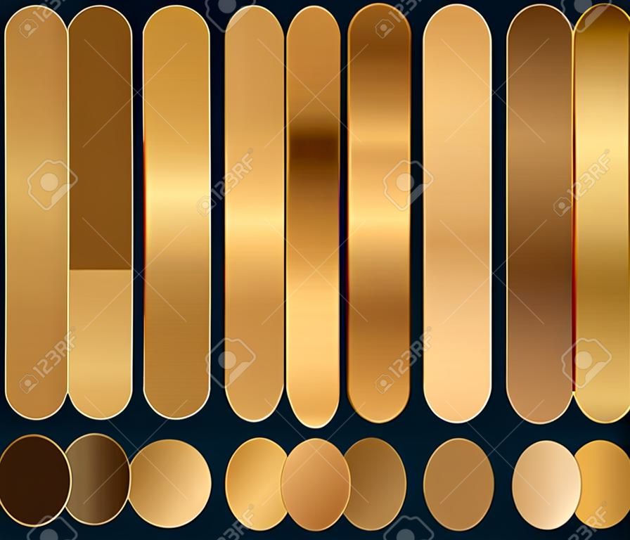 Une collection de cinq dégradés de couleur or, un ensemble de 5 nuances de couleurs de dégradés dorés, utilisées dans la conception créative de couleurs et de tons et de modèles de jeux de boutons dégradés