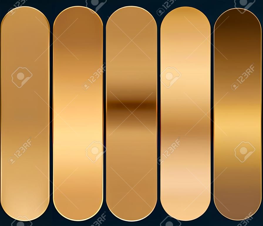 Una colección de cinco degradados de color dorado, un conjunto de 5 muestras de colores de degradados dorados, utilizada en el diseño creativo de colores y tonos y plantillas de conjuntos de botones degradados