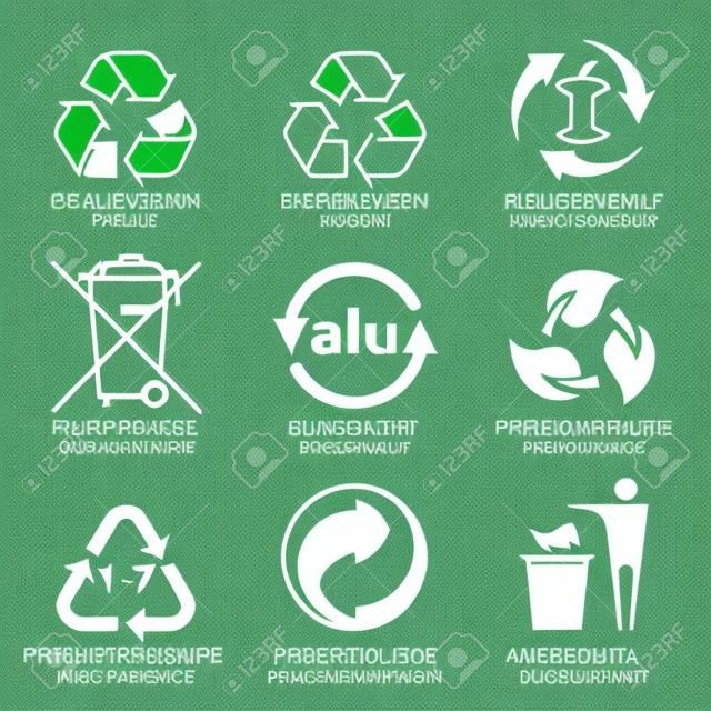 L'icona piana ha messo per l'imballaggio verde di eco, l'illustrazione di vettore e le icone di riciclaggio