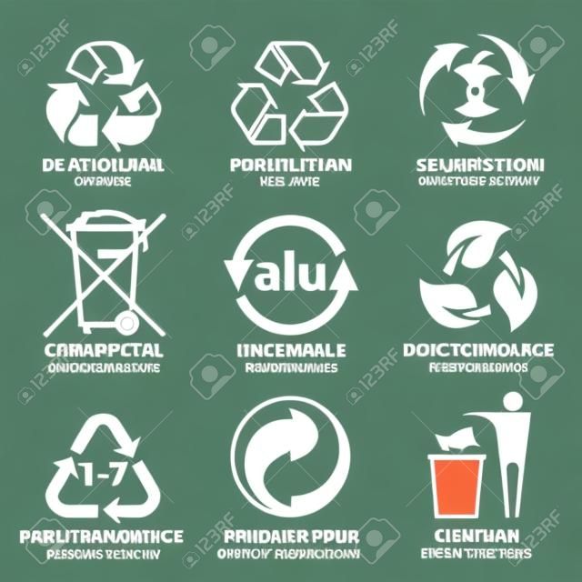 Płaski zestaw ikon dla zielonych opakowań ekologicznych, ilustracji wektorowych i ikon recyklingu