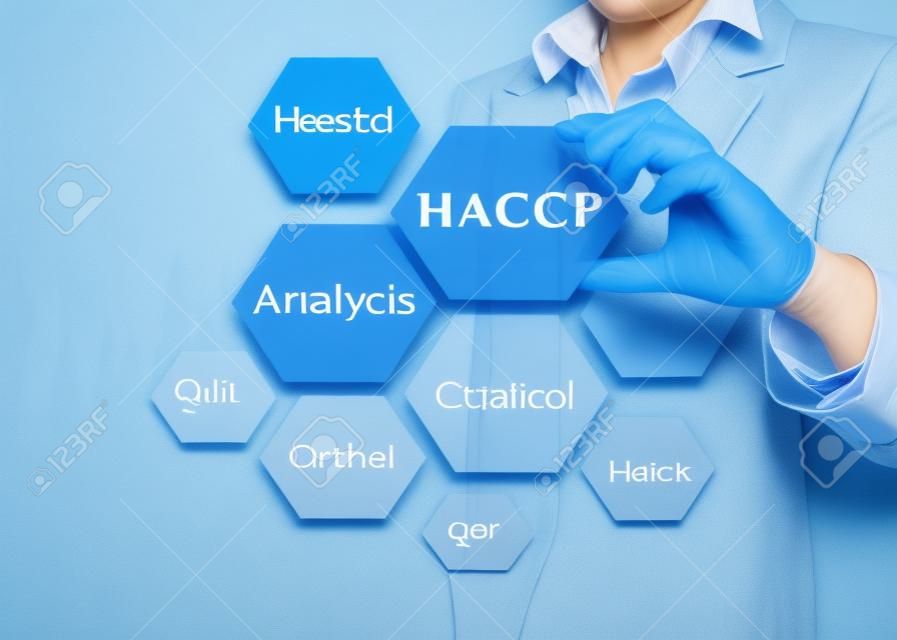 Iş kadını, HACCP kavramının anlamını (Kritik Kontrol Noktalarının Tehlike Analizi) sunarak mavi arka plan üzerine bir ilke gösteriyor. Şirkette ve eğitimde kullanılan fikir.