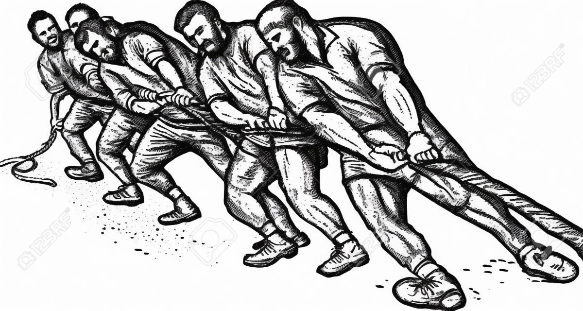 Ilustración dibujado de un equipo o un grupo de hombres tirando de la cuerda tira y afloja de mano