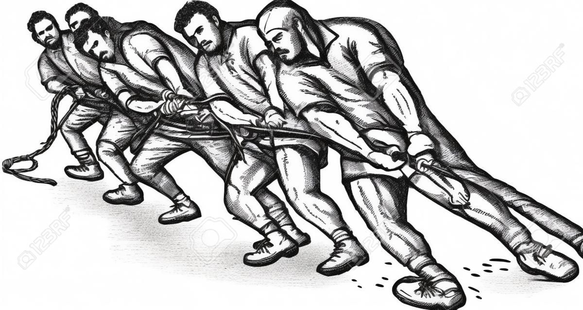 Ilustración dibujado de un equipo o un grupo de hombres tirando de la cuerda tira y afloja de mano