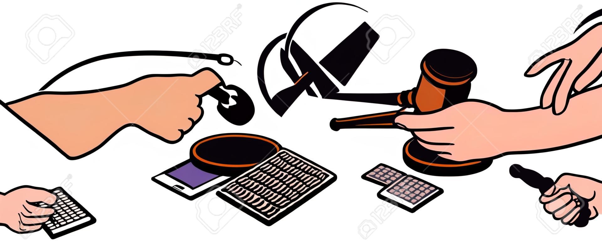 illustration showing two hands in handshake closing a deal at auction with gavel hammer going down and different goods and services like dental, repair, books, laptop computer, recycling services isolated on white background.