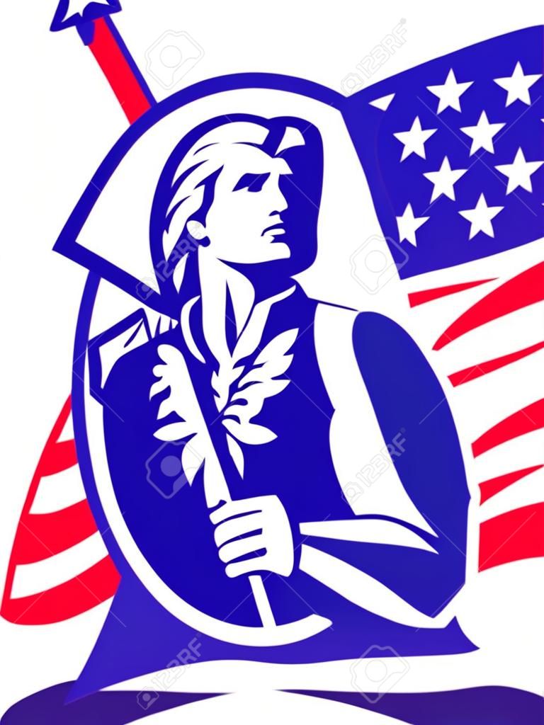 Illusztráció egy hazafi Minuteman forradalmi katona, aki olyan amerikai Stars and Stripes zászló elszigetelt háttér.