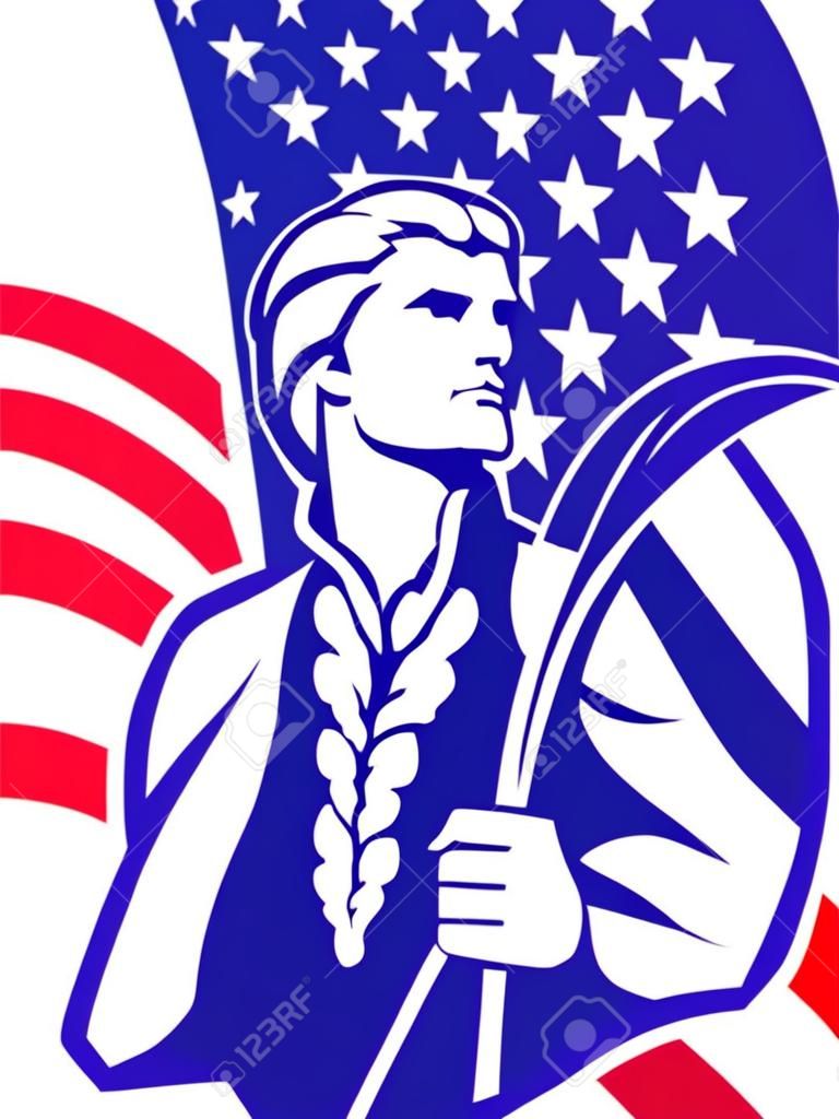 Illustration of a patriot minuteman revolutionary soldier holding an American stars and stripes flag on isolated background.
