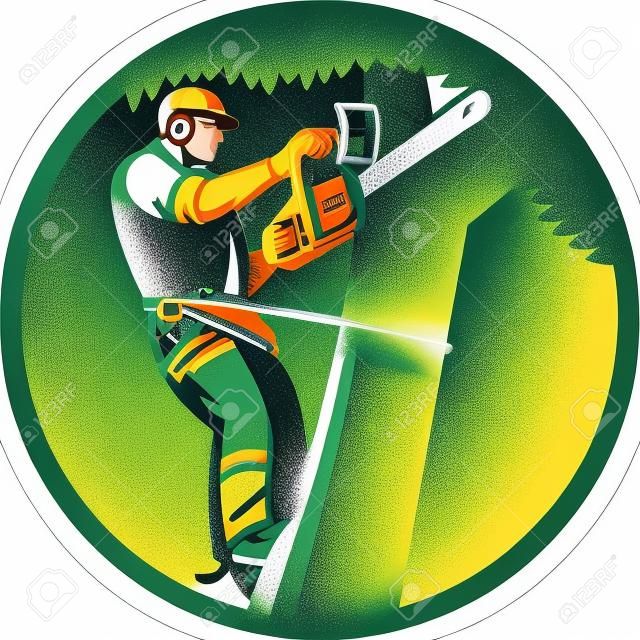 Illustrazione di un chirurgo di taglio albero potatore trimmer arboricoltore con l'albero di motosega climbing impostato all'interno di cerchio fatto in stile retrò