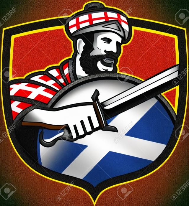 插圖高地蘇格蘭人盾穿著格子呢從側面內冠設置觀察揮舞著劍與蘇格蘭國旗。