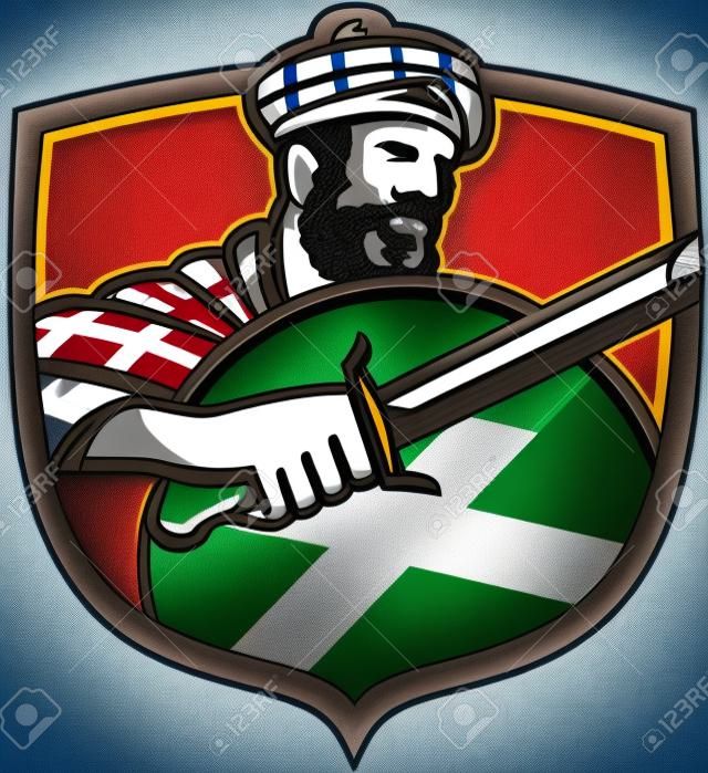 插圖高地蘇格蘭人盾穿著格子呢從側面內冠設置觀察揮舞著劍與蘇格蘭國旗。