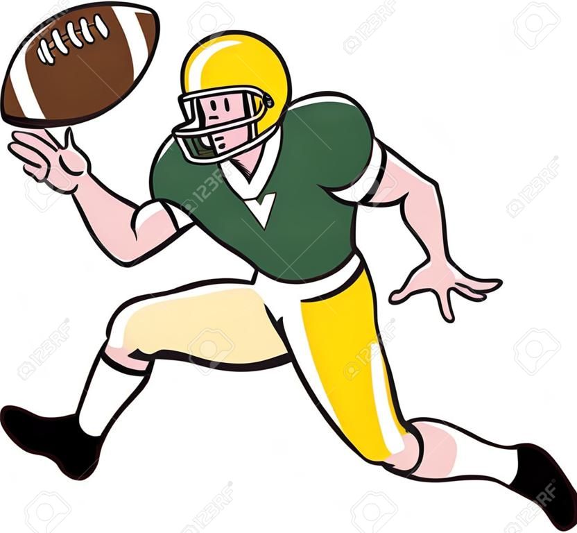 Ilustracja szerokiego odbiorcy z boiska do piłki nożnej działa amerykański odtwarzacz łapiąc piłkę z powrotem skierowana zestaw z boku na pojedyncze tle wykonanej w stylu kreskówki