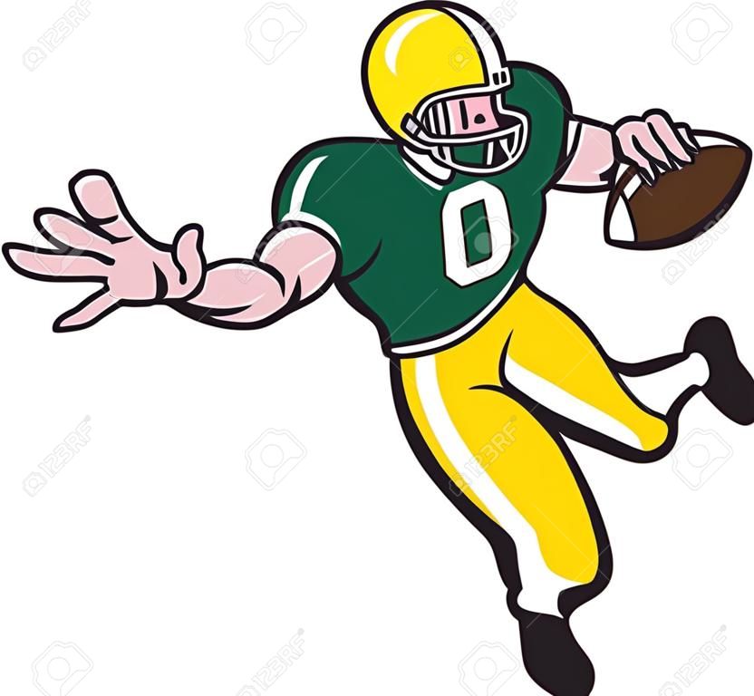 Illustration d'un receveur de gril de football américain running back joueur qui attrape la balle face ensemble de côté sur fond isolé fait dans le style de bande dessinée