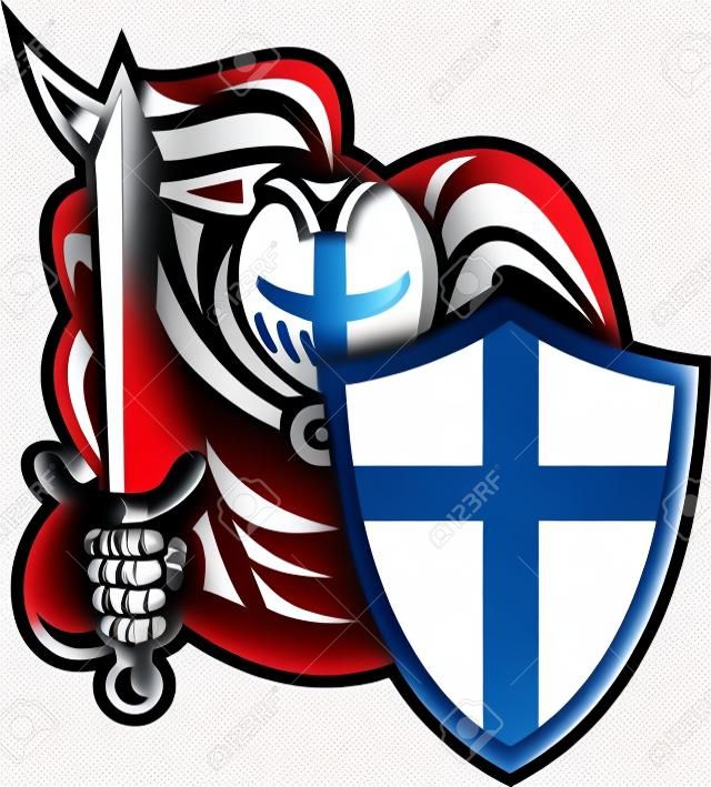 Illustration of an English knight with sword and England flag shield facing front done in retro style on isolated white background.