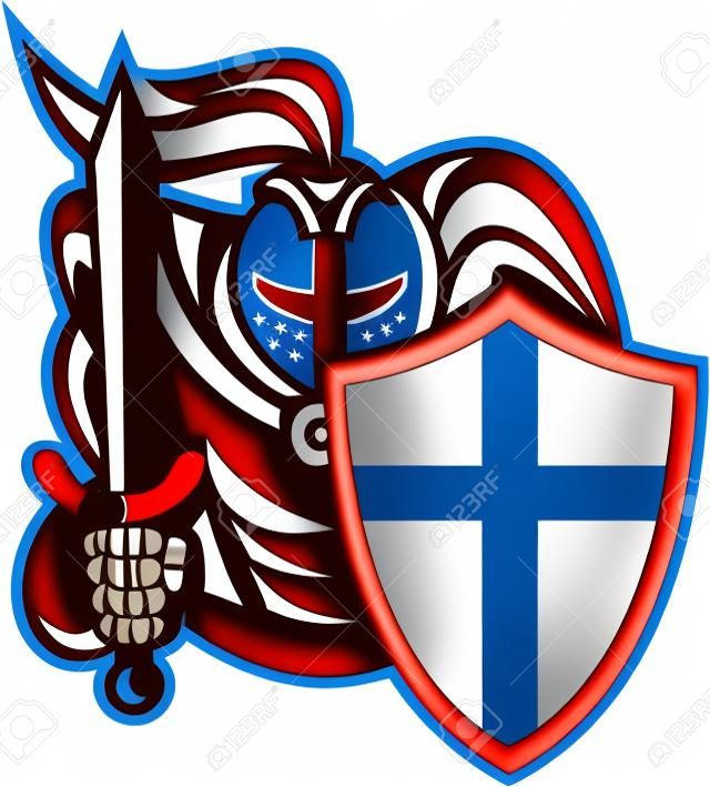 Illustration of an English knight with sword and England flag shield facing front done in retro style on isolated white background.