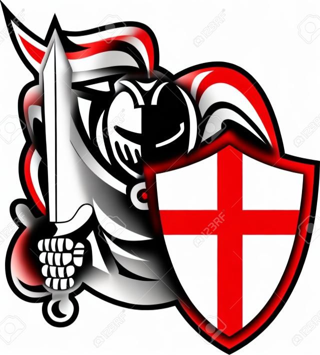 Ilustración de un caballero Inglés con espada y escudo de la bandera de Inglaterra frente al frente hecho en estilo retro en el fondo blanco aislado.