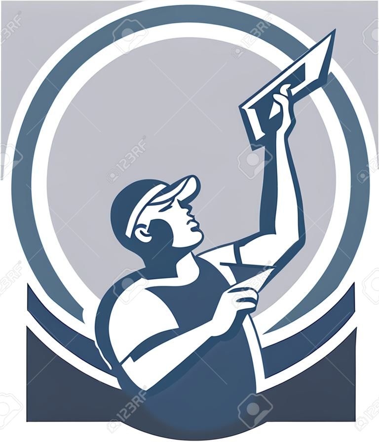 Illustration d'un travailleur de la construction plâtrier maçonnerie de commerçant à la truelle fait dans le style rétro sur fond isolé