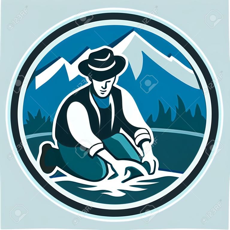 Illustration of a gold digger miner prospector with pan panning for gold in river done in retro style with mountains in background set inside circle on isolated background.