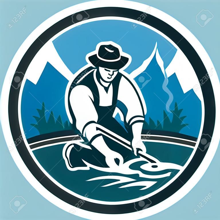 Illustration of a gold digger miner prospector with pan panning for gold in river done in retro style with mountains in background set inside circle on isolated background.
