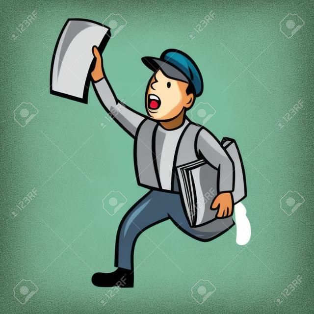 Illustration of a newsboy shouting selling newspaper running on isolated background done in cartoon style.