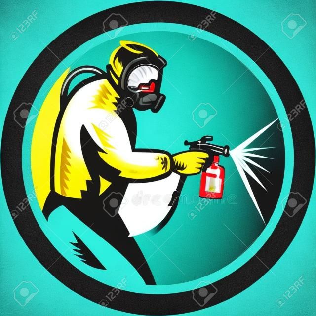Illustration of car painter with head mask holding paint spray gun spraying on isolated background set inside circle done in retro style.