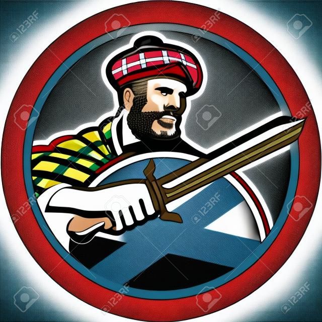Ilustración de un escocés highlander con la espada con la bandera de Escocia en el escudo que llevaba el tartán fijó el círculo interior hecho en estilo retro.