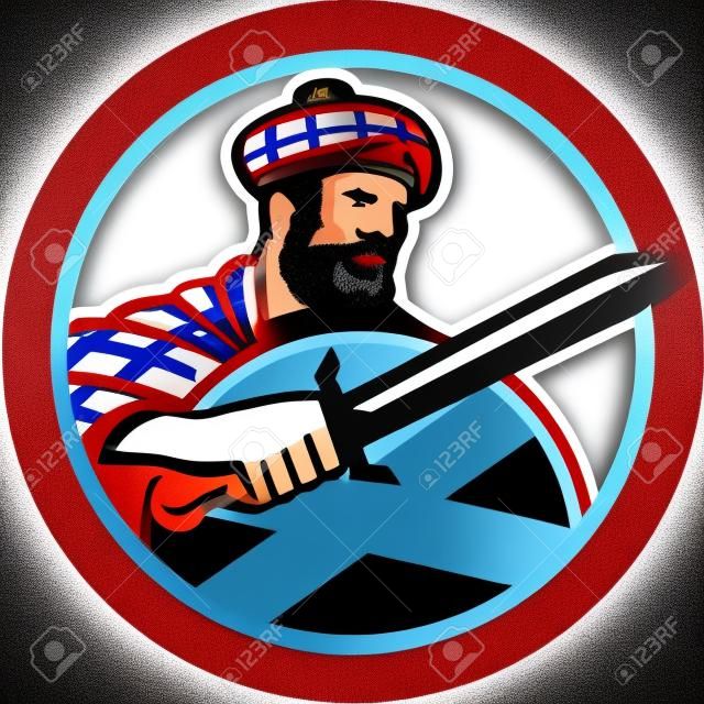 Illustration of a highlander scotsman with sword with Scotland flag on shield wearing tartan set inside circle done in retro style.