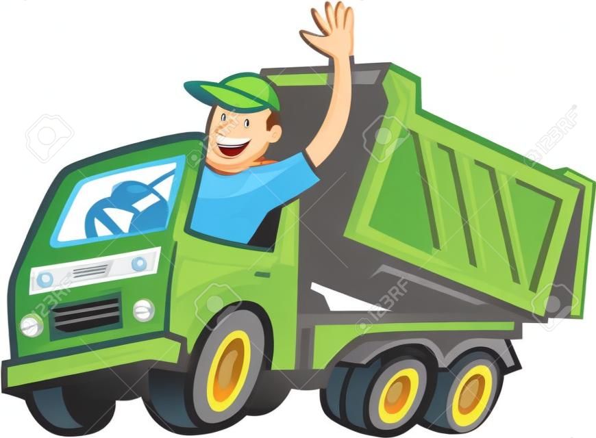 Illustration d'un camion-benne avec chauffeur agitant bonjour sur fond blanc isolé fait dans le style de bande dessinée.