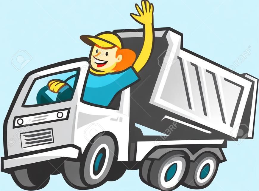 Illustration d'un camion-benne avec chauffeur agitant bonjour sur fond blanc isolé fait dans le style de bande dessinée.