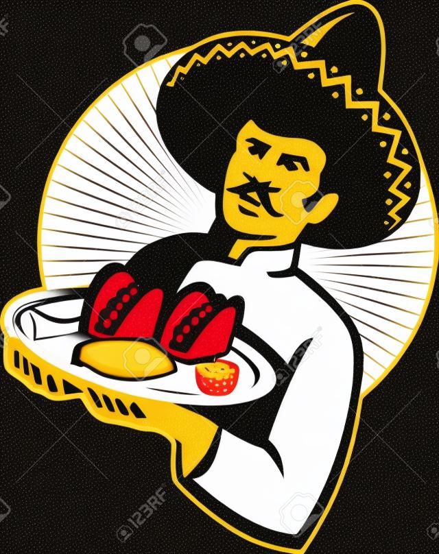Illustration of a mexican chef wearing sombrero hat serving a plate full 