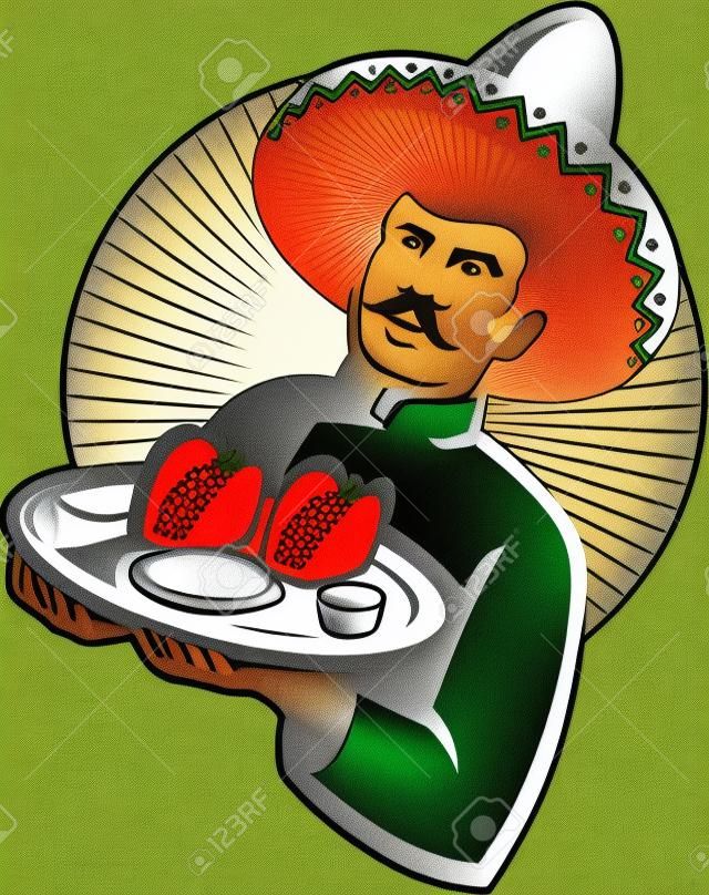 Illustration of a mexican chef wearing sombrero hat serving a plate full 